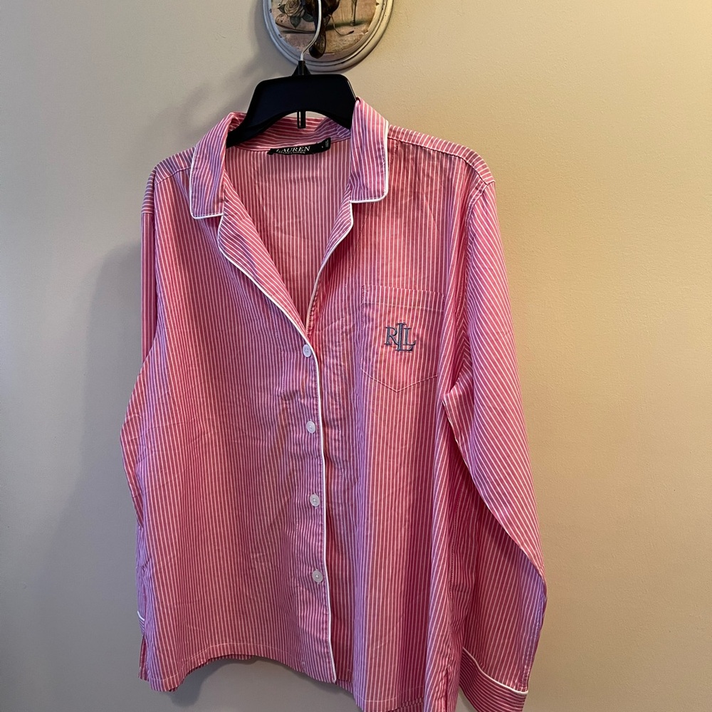 Ralph Lauren Pink and White Striped Shirt NWT size Large ( pj top only)